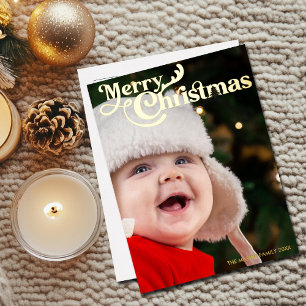 Postal Festiva Con Relieve Metalizado Feliz Navidad Elegante tipografía foto completa or