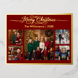 Postal Festiva Con Relieve Metalizado Feliz Navidad Familia Cinco Fotografías Rojas