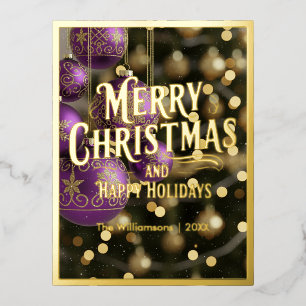 Postal Festiva Con Relieve Metalizado Feliz Navidad, Felices Fiestas, Ornamentos Púrpura