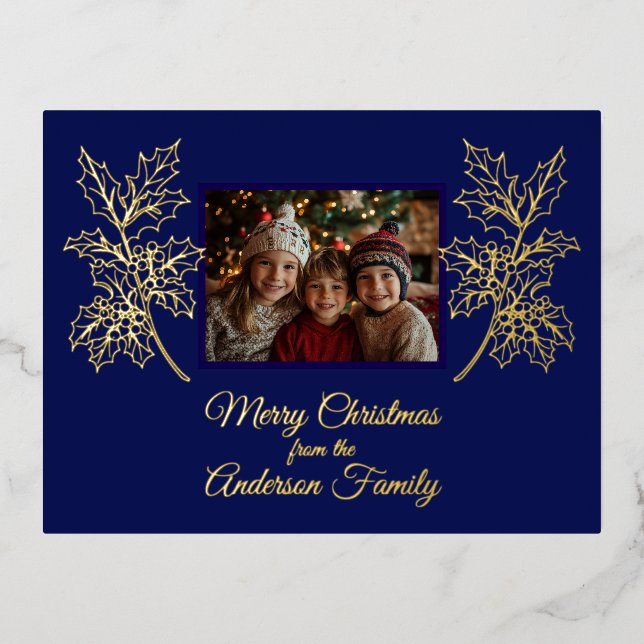Postal Festiva Con Relieve Metalizado Feliz Navidad Foto Midnight Blue (Anverso)