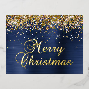 Postal Festiva Con Relieve Metalizado Feliz Navidad Glitter Dorado Azul Marino Glam
