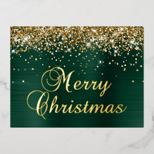 Postal Festiva Con Relieve Metalizado Feliz Navidad Glitter Pino Verde