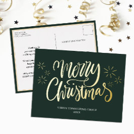 Postal Festiva Con Relieve Metalizado Feliz Navidad Green Gold Calligraphy Business