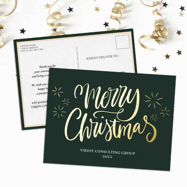 Postal Festiva Con Relieve Metalizado Feliz Navidad Green Gold Calligraphy Business (Subido por el creador)
