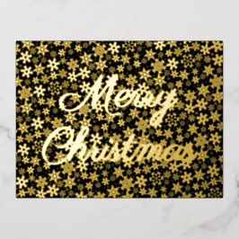 Postal Festiva Con Relieve Metalizado Feliz Navidad guión de copos de nieve negro y oro