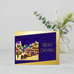 Postal Festiva Con Relieve Metalizado Feliz Navidad Hoja metálica - pueblo en la nieve