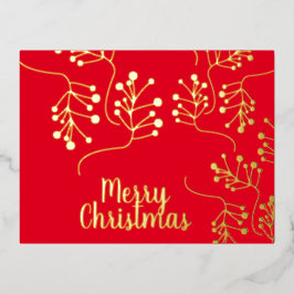 Postal Festiva Con Relieve Metalizado Feliz Navidad Holly Berry Gold Prensado Rojo