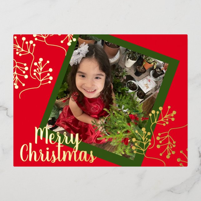 Postal Festiva Con Relieve Metalizado Feliz Navidad Holly Berry Gold Presionado (Anverso)