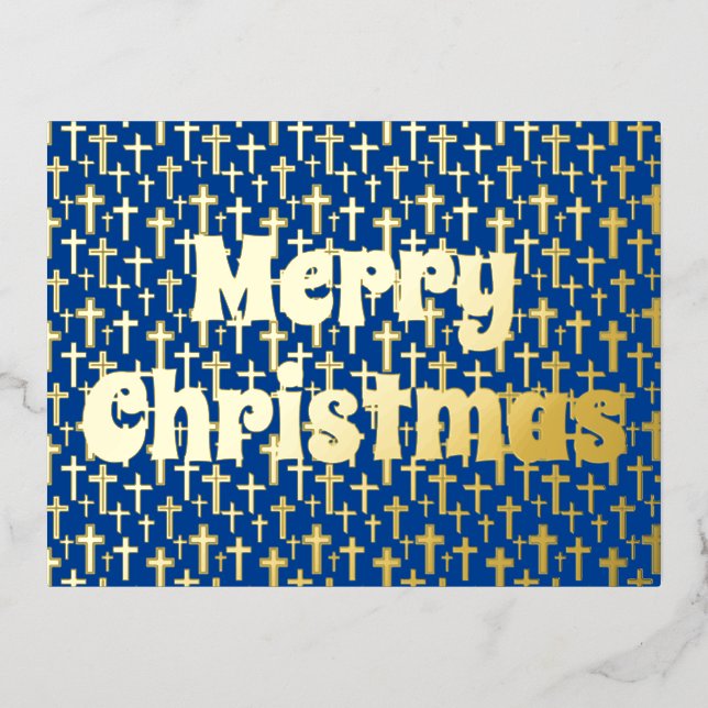 Postal Festiva Con Relieve Metalizado Feliz Navidad Jesús cruza elegante azul real (Anverso)