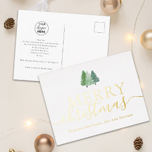 Postal Festiva Con Relieve Metalizado Feliz Navidad Logotipo de negocio Abetos Dorados