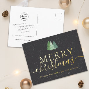 Postal Festiva Con Relieve Metalizado Feliz Navidad Logotipo Empresarial Abetos Dorados