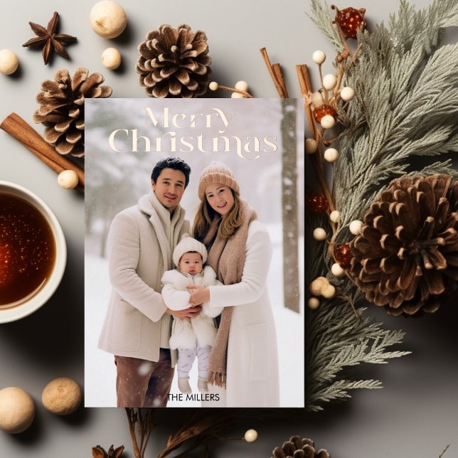 Postal Festiva Con Relieve Metalizado Feliz Navidad Moderna Mínima 1 Foto Beige (Modern Merry Christmas Minimal 1 Photo Beige Foil Holiday Postcard)