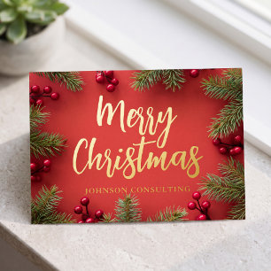 Postal Festiva Con Relieve Metalizado Feliz Navidad Modernas Bayas de Acebo Agujas de Pi