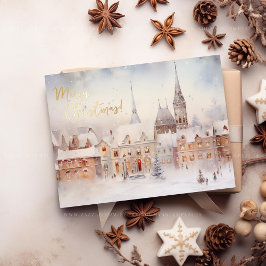 Postal Festiva Con Relieve Metalizado Feliz Navidad Nieve Paisaje de invierno mágico