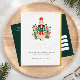 Postal Festiva Con Relieve Metalizado Feliz Navidad Nutcracker Greenery Elegante