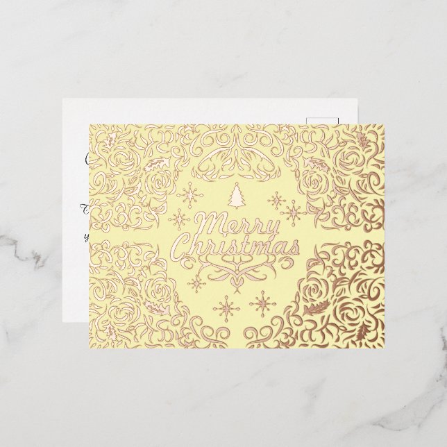 Postal Festiva Con Relieve Metalizado Feliz Navidad Pastel Amarillo. Personalizado. (Anverso/Reverso)