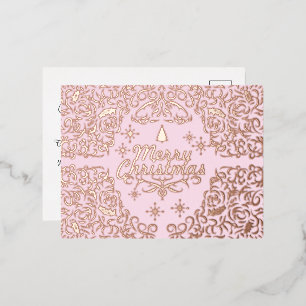 Postal Festiva Con Relieve Metalizado Feliz Navidad Pastel Rosa. Personalizado.