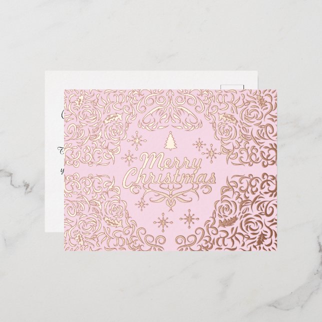 Postal Festiva Con Relieve Metalizado Feliz Navidad Pastel Rosa. Personalizado. (Anverso/Reverso)