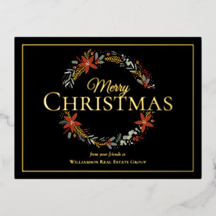 Postal Festiva Con Relieve Metalizado Feliz Navidad Poinsettia Wreath Business