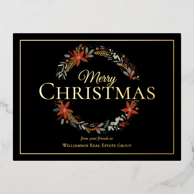 Postal Festiva Con Relieve Metalizado Feliz Navidad Poinsettia Wreath Business (Anverso)