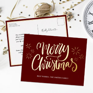 Postal Festiva Con Relieve Metalizado Feliz Navidad Red Gold Calligraphy Non Photo