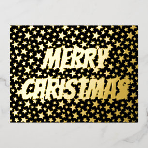 Postal Festiva Con Relieve Metalizado Feliz Navidad tipográficas estrellas negro y oro