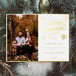 Postal Festiva Con Relieve Metalizado Feliz Navidad y Copos de Nieve Foto | Blanco