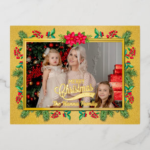 Postal Festiva Con Relieve Metalizado Feliz Navidad y Feliz Año Nuevo Marco Dorado