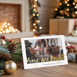 Postal Festiva Con Relieve Metalizado Feliz y Brillante Oro Hoja Script Foto Navidad