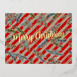 Postal Festiva Con Relieve Metalizado Festive Red Stripe Pine Spruce Cones Kraft Holiday