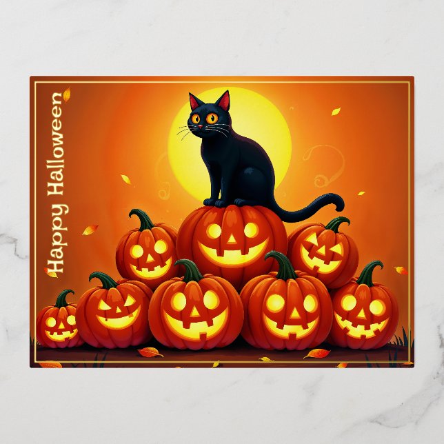 Postal Festiva Con Relieve Metalizado Festividad otoño arte Halloween negro amigo felino (Anverso)