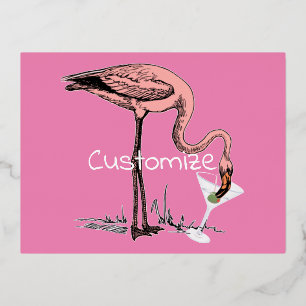 Postal Festiva Con Relieve Metalizado Flamingo Beber Martini Thunder_Cove