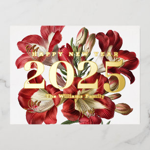Postal Festiva Con Relieve Metalizado Flor de Freesia Roja Feliz Año Nuevo 2027 Dorado