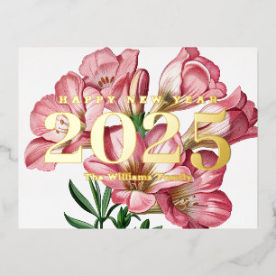 Postal Festiva Con Relieve Metalizado Flor de Freesia Rosa Feliz Año Nuevo 2027 Dorado