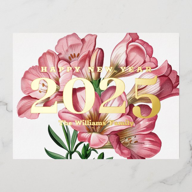 Postal Festiva Con Relieve Metalizado Flor rosa de Freesia Feliz Año Nuevo 2025 (Anverso)