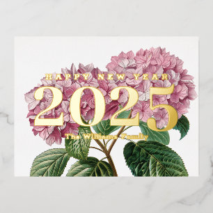 Postal Festiva Con Relieve Metalizado Flor rosa Hydrangea Feliz Año Nuevo 2025