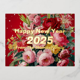 Postal Festiva Con Relieve Metalizado Floral vintage Feliz Año Nuevo 2025