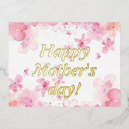 Postal Festiva Con Relieve Metalizado Flores blancas rosas color de agua deseo de madre