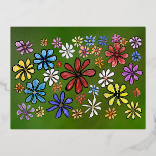 Postal Festiva Con Relieve Metalizado Flores coloridas