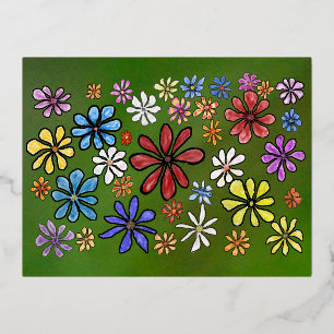 Postal Festiva Con Relieve Metalizado Flores de colores