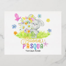 Postal Festiva Con Relieve Metalizado Flores de primavera de Buona Pasqua Cute Rabbit Bo