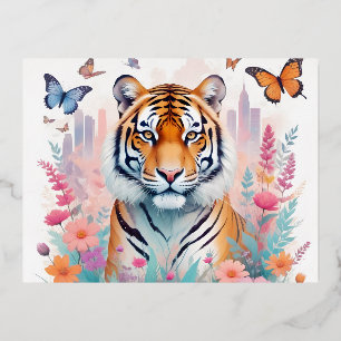 Postal Festiva Con Relieve Metalizado Flores de selva de selva de animales de cosecha de
