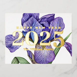 Postal Festiva Con Relieve Metalizado Flores moradas de época feliz oro de Año Nuevo 202