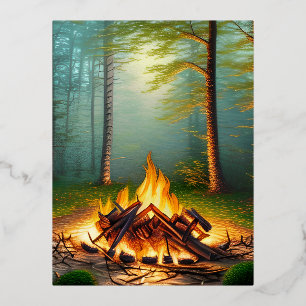 Postal Festiva Con Relieve Metalizado Fogata y bosque
