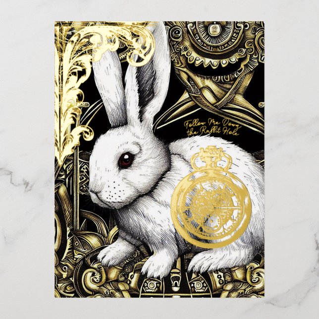 Postal Festiva Con Relieve Metalizado Follow me down the rabbit hole (Anverso)