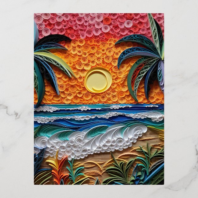 Postal Festiva Con Relieve Metalizado Fondo de efecto 3D de sol de playa (Anverso)