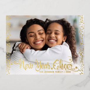 Postal Festiva Con Relieve Metalizado Foto Año Nuevo Ánimo Escritura Chic Moderno Oro Re