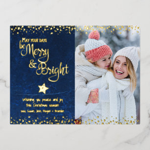 Postal Festiva Con Relieve Metalizado Foto Blue Days Be Merry Bright Script Real Gold