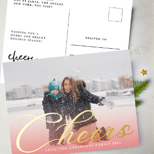 Postal Festiva Con Relieve Metalizado Foto con letra clásica de CHEERS dorado con gradie