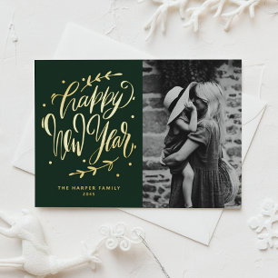 Postal Festiva Con Relieve Metalizado Foto de Año Nuevo con Caligrafía Moderna y Corona